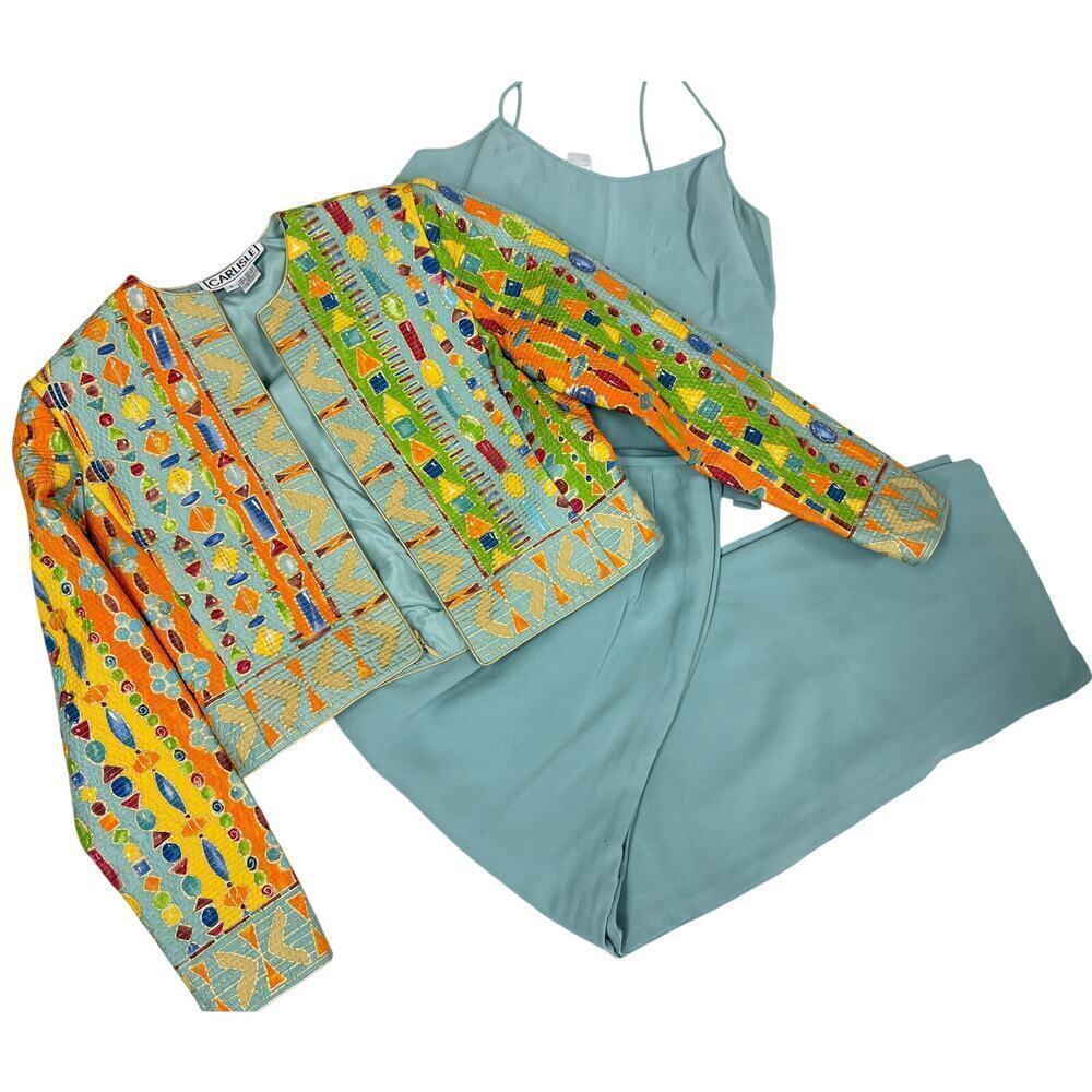 3 PC 80s VTG Carlisle Silk Pant Suit Yellow Geo Jacket +Blue/Green Pants Top S